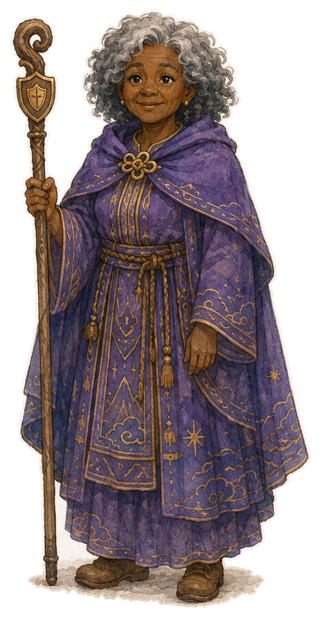 Official full-body illustration of Elder Imani Vale